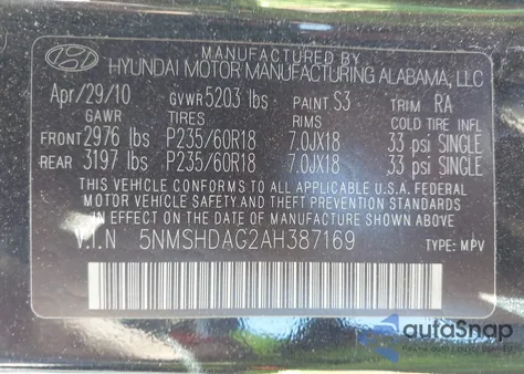 2010 Hyundai Santa Fe Se from USA, damaged, VIN 5NMSHDAG2AH387169